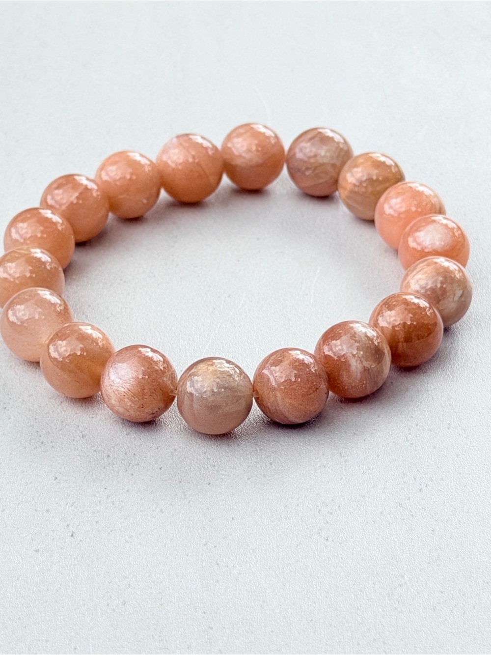 10mm Sunstone Gemstone Stretch Bracelet 6.25” Peach Shimmer Beaded Bracelet